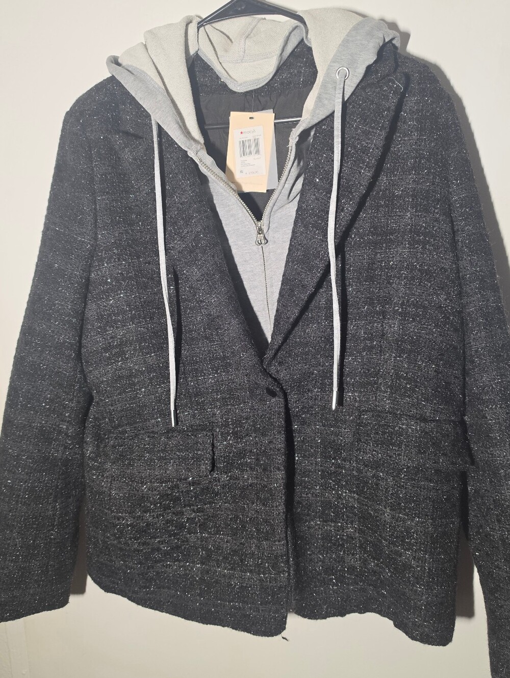 Elan Charcoal Tweed Blazer with Gray Hoodie Layer